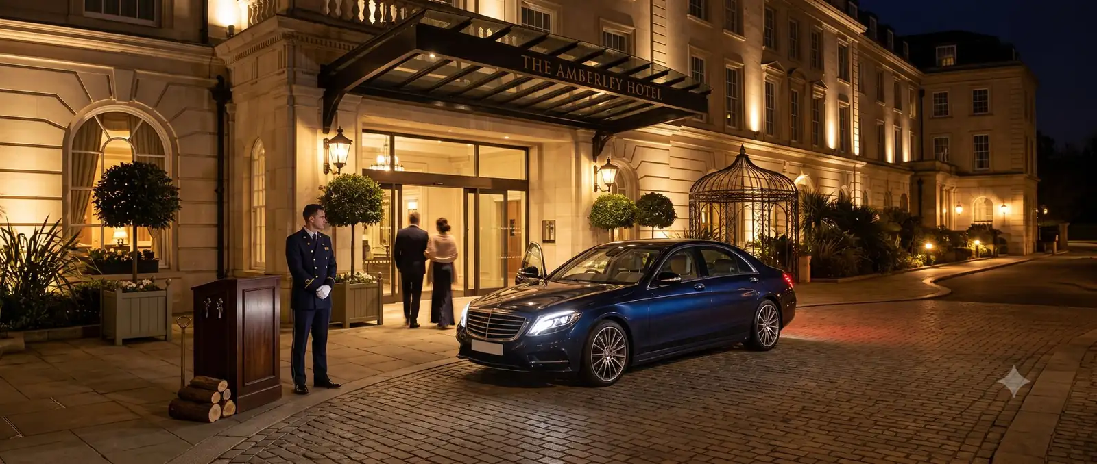 Guests arriving at a hotel entrance at night