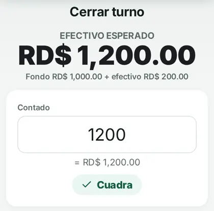 Cierre de turno de ValetPro: efectivo esperado RD$1,200, contado RD$1,200, Cuadra