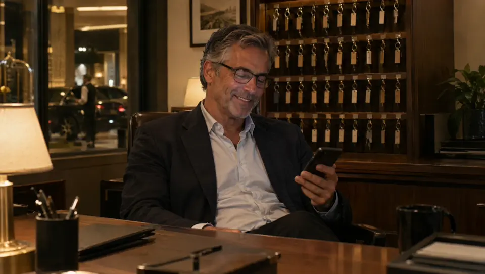 El dueño revisa el turno en su celular junto al tablero de llaves