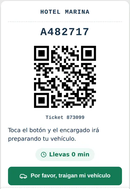Ticket en el celular del cliente: matrícula, QR, el tiempo que lleva y el botón Por favor, traigan mi vehículo