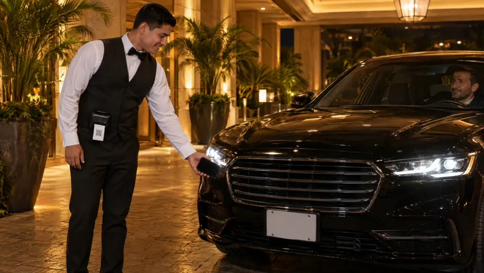 El valet recibe un sedán negro en la entrada del hotel y le entrega el ticket al conductor