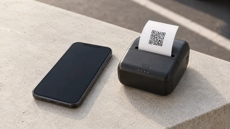 Un celular y una impresora térmica portátil imprimiendo un ticket con QR, sin cables