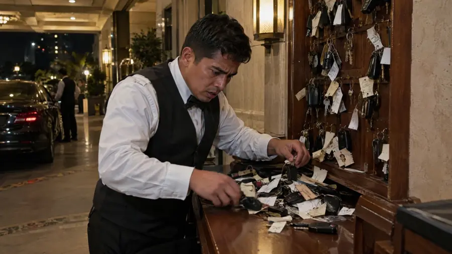 Un valet busca una llave entre tickets de papel y llaves revueltas sobre el mostrador