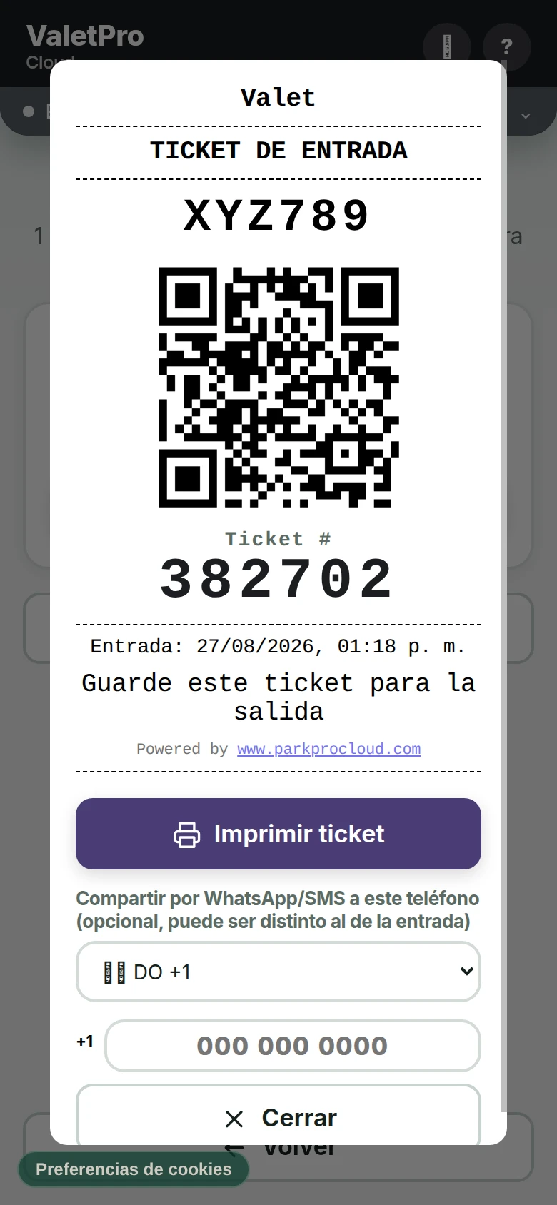 Ticket de entrada con código QR generado por ValetProCloud