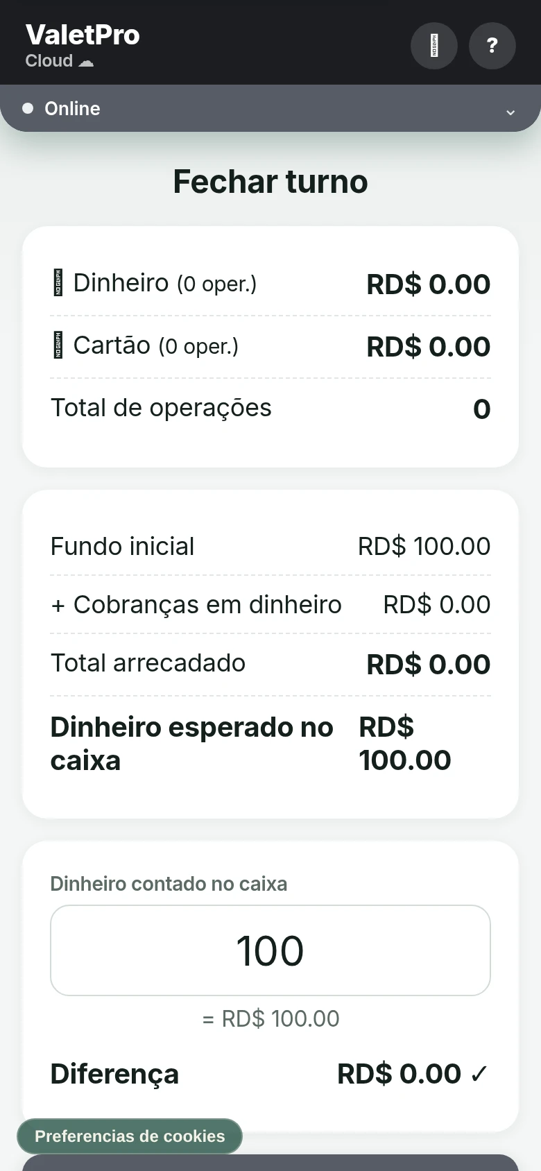 Tela de fechamento do ValetProCloud em português, comparando o total esperado com o contado