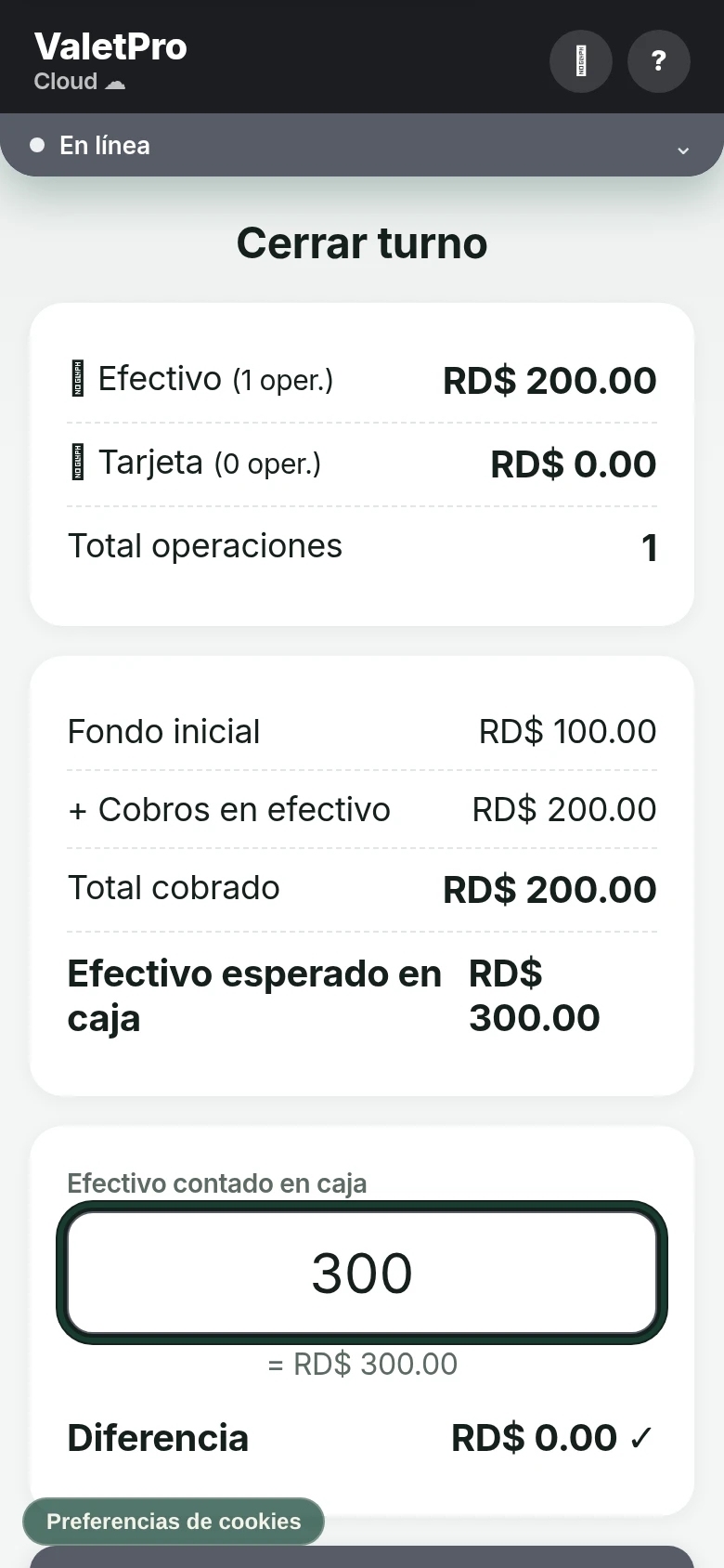 Pantalla de cierre de turno con el cuadre de efectivo