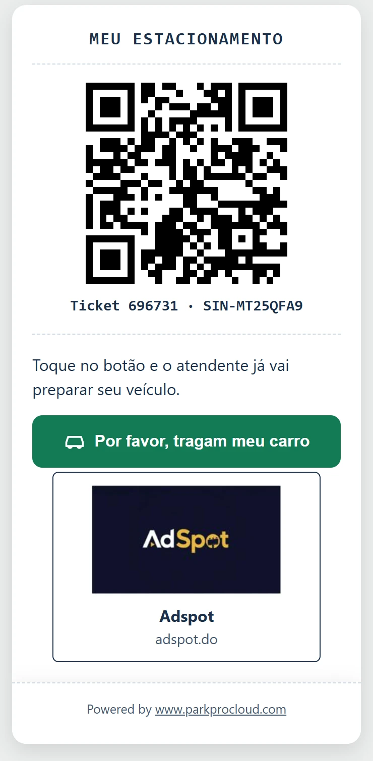 T&iacute;quete digital do ValetProCloud em portugu&ecirc;s com o an&uacute;ncio do patrocinador abaixo do bot&atilde;o de chamar o carro