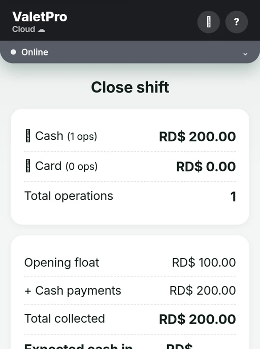 ValetProCloud shift closeout screen in English and USD