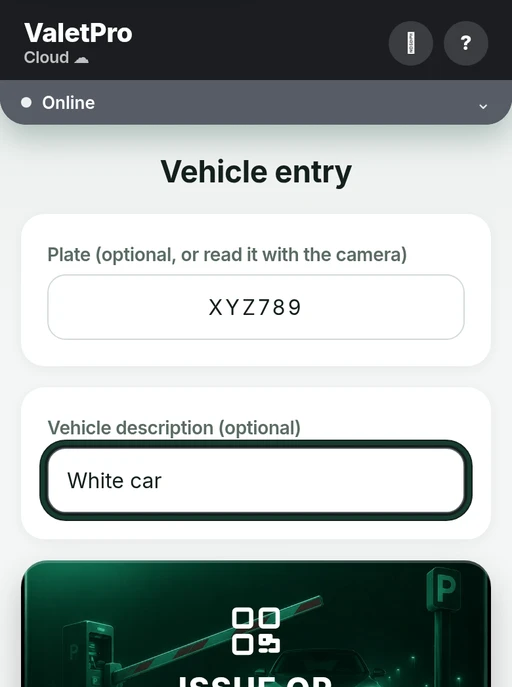 ValetProCloud vehicle entry screen in English