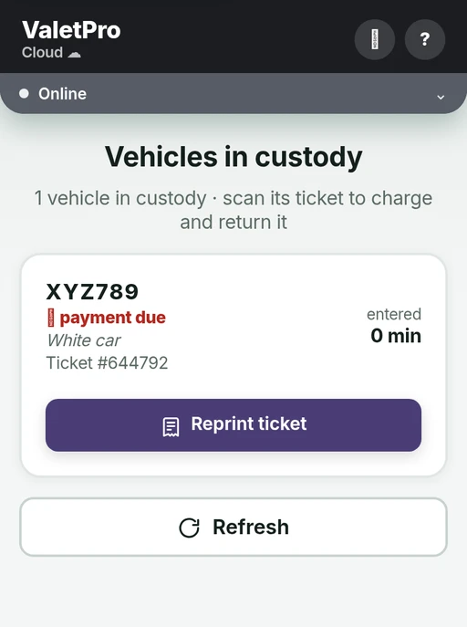 ValetProCloud screen listing the vehicles currently inside