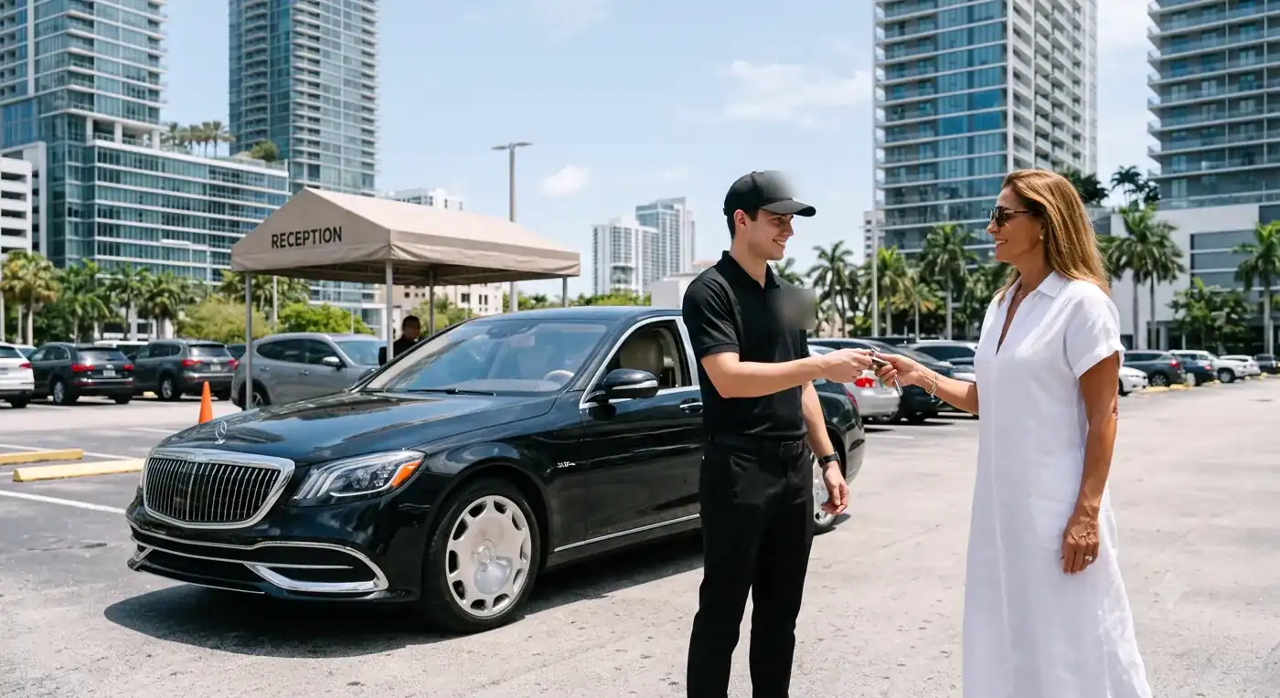Valet attendant handing a guest's car keys back to her next to a luxury sedan